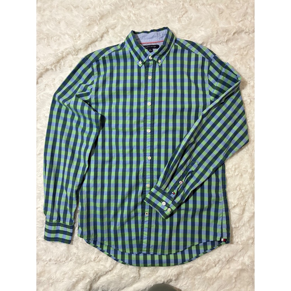 Tommy Hilfiger‎ Mens Custom Fit Gingham Button Down Shirt Green Blue Small